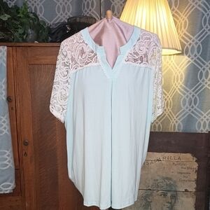 SHEIN Light Blue Blouse with Lace Sleeves and chest Notched Neck 4X